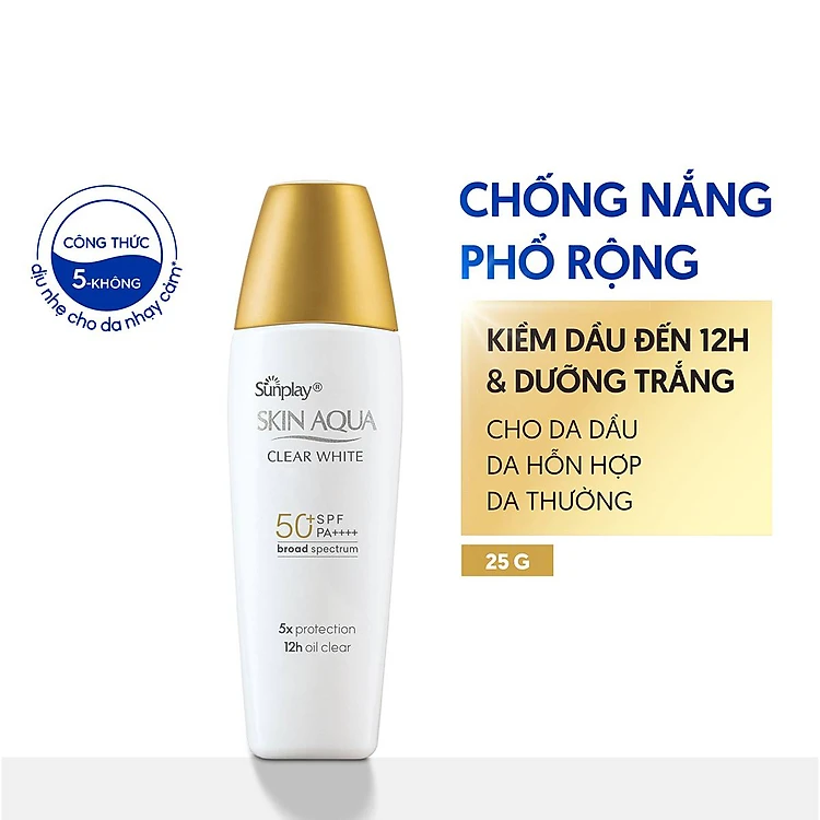 Kem chống nắng Skin Aqua dưỡng trắng, kiểm dầu, dùng hàng ngày dạng sữa Sunplay Skin Aqua Clear White Eco Việt Nam SPF50, PA++++ 25g