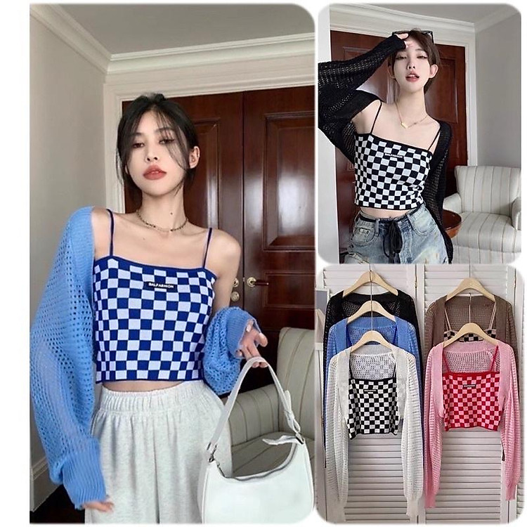 Set áo len lưới lửng mix áo 2 dây len kẻ caro