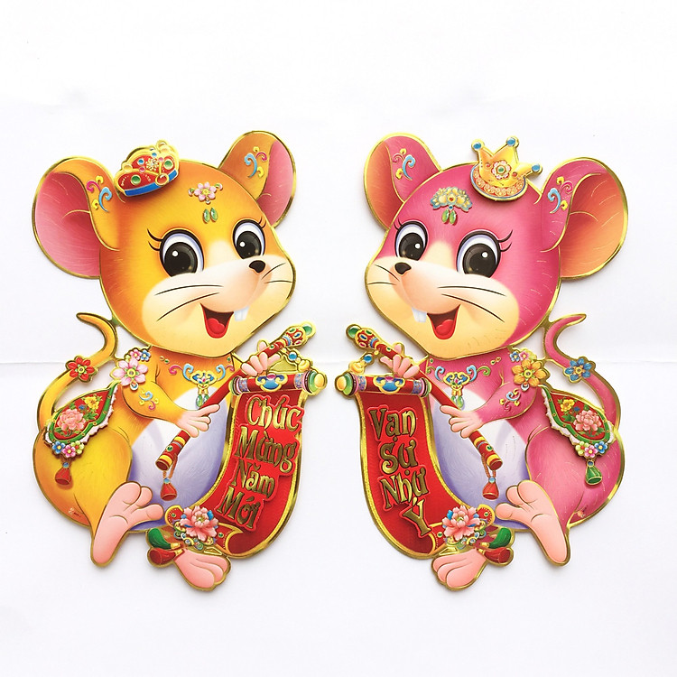 Cặp tranh 3D chuột lông trang trí Tết (Nhiều kích cỡ)