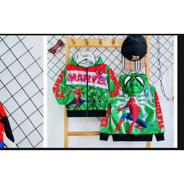 Áo khoác có nón chống nắng cho bé trai hình siêu nhân spiderman người nhện size 12-40kg chất thun da cá mềm mát