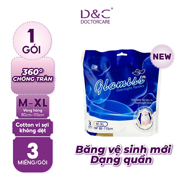 Băng vệ sinh dạng quần Glamiss ban đêm size M-XL siêu mỏng, bề mặt 2 lớp siêu mềm mịn