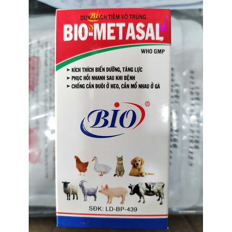 Dung dịch tiêm vô trùng BIO METASAL kích thích biến dưỡng, tăng lực, phục hồi nhanh sau bệnh, chống cắn đuôi ở heo, cắn mổ ở gia cầm