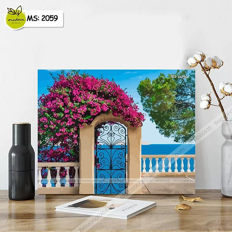 Tranh tô màu 40x50cm có khung cổng vòm hoa giấy T2059
