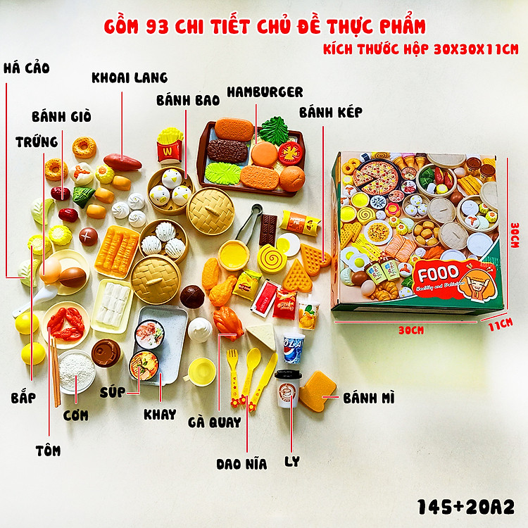 Bộ đồ chơi nấu ăn cho bé, mô hình đồ ăn, thức ăn, đồ chơi đồ hàng, set 93 chi tiết bằng nhựa
