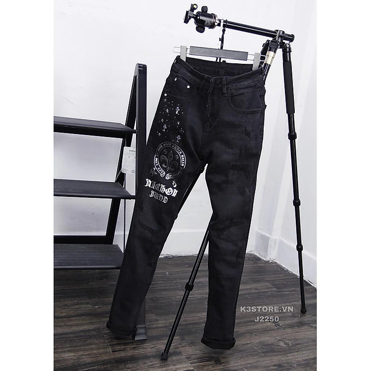Quần jean nam tháp da đính đá chrome quần bò vải jean cao cấp có độ co dãn nhẹ j2250 K3 STORE