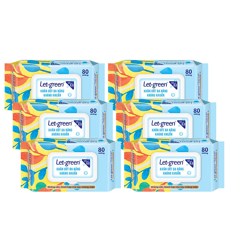 COMBO 6 BAO KHĂN ƯỚT ĐA NĂNG KHÁNG KHUẨN LET-GREEN 80 MIẾNG/BAO