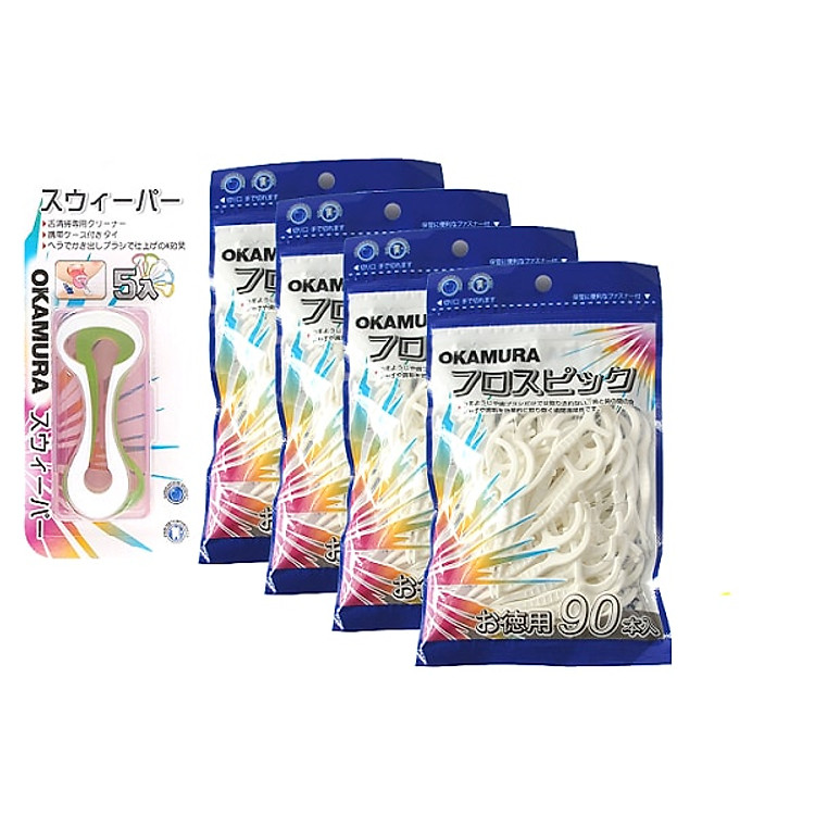 Combo 4 gói Tăm Chỉ Nha Khoa 90 cái + tặng 1 dụng cụ cạo lưỡi siêu sạch