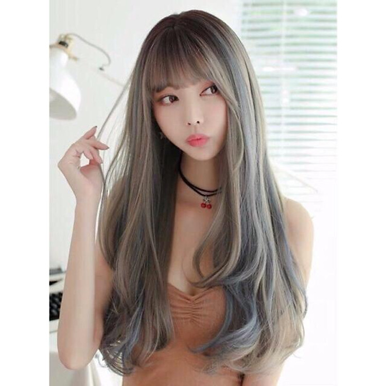 tóc giả cao cấp nhuộm chân đen xám line xanh- tặng lưới chùm tóc