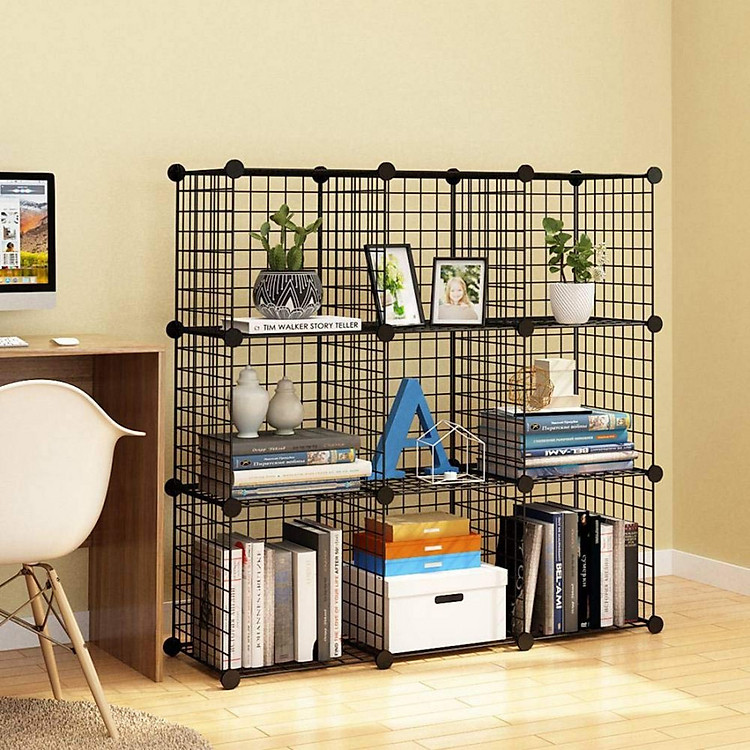 Kệ sách 9 ô, kệ lưới sắt sơn tĩnh điện lắp ghép, tủ kệ sắp xếp không gian, kệ văn phòng, nội thất phòng khách, phòng làm việc