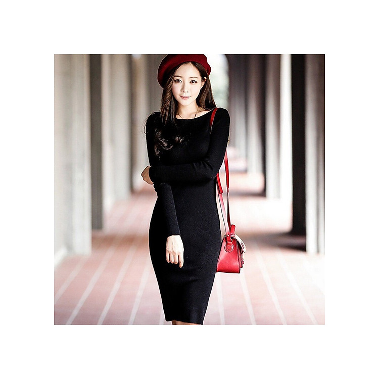 Váy body len tăm dài tay xẻ sau ( Nhiều màu)