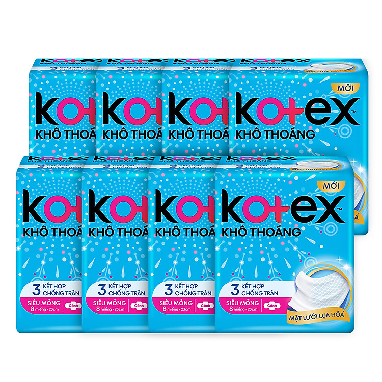 Combo 8 Gói Băng vệ sinh Kotex khô thoáng siêu mỏng cánh 23cm (8 miếng/gói)