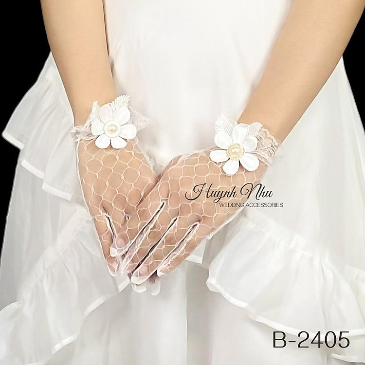 Găng tay/Bao tay cô dâu lưới đính hoa và hạt trai sang trọng B-2405