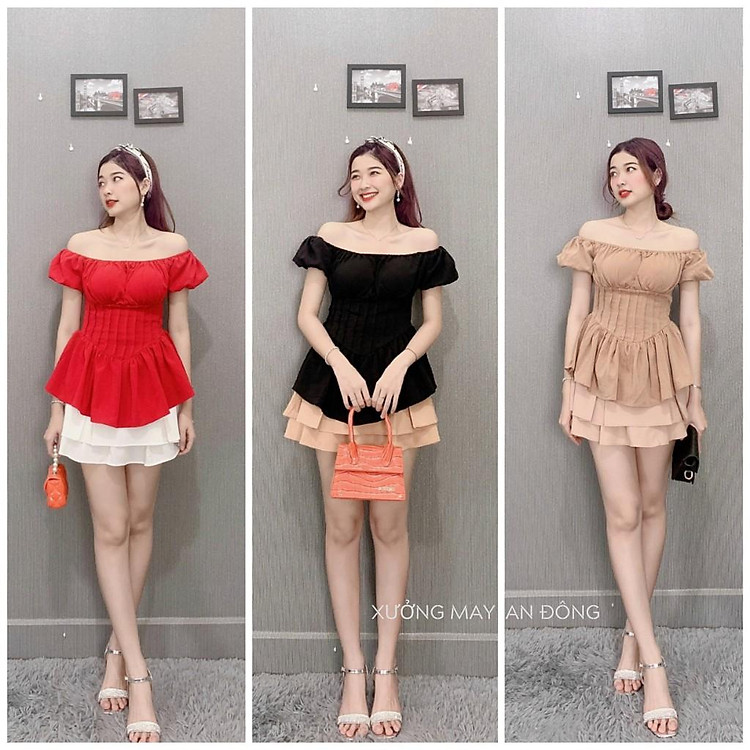 Set Áo Trễ Vai Tay Bồng Cúp Ngực Phối Chân Váy Xòe Xếp Ly 3 Tầng