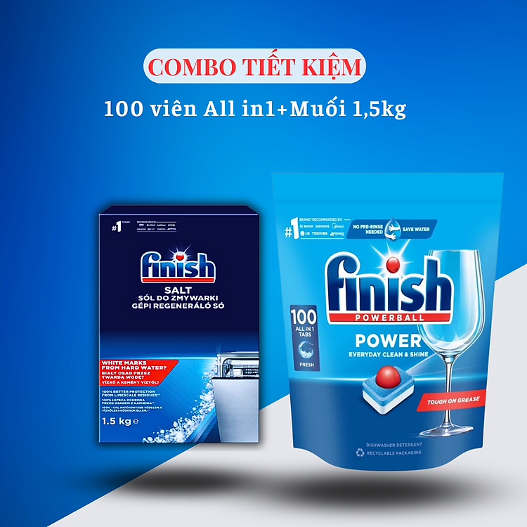 combo Viên rửa bát finish all in one 100 viên+Muối rửa bát finish 1.5kg cho Máy rửa bát