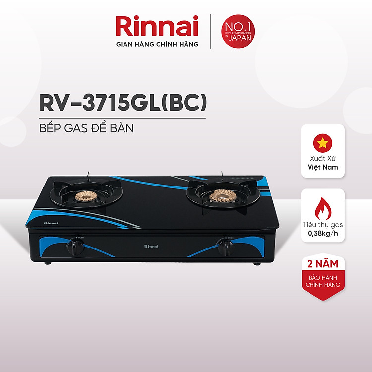Bếp gas dương Rinnai RV-3715GL(BC) mặt bếp kính và kiềng bếp men - Hàng chính hãng.