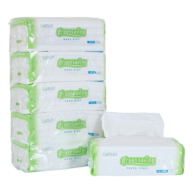 Khăn Giấy Rút Lau Tay Greensaving Lốc 5 Gói (150 Tờ x 2 Lớp / Gói)