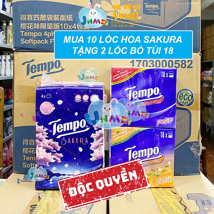 (ĐỘC QUYỀN NHÀ UNMEI) THÙNG 10 LỐC TEMPO (90 tờ x 4 gói) HOA SAKURA Khăn Giấy Rút Cao Cấp Tempo - 4 Lớp Bền Dai, An Toàn