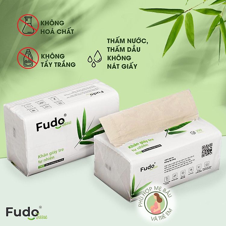 Khăn giấy khô Fudo® TISSUEPack™ từ tre không bụi vụn, không tẩy trắng - 1 Túi lớn - 04 gói/130 tờ - 03 lớp siêu thấm