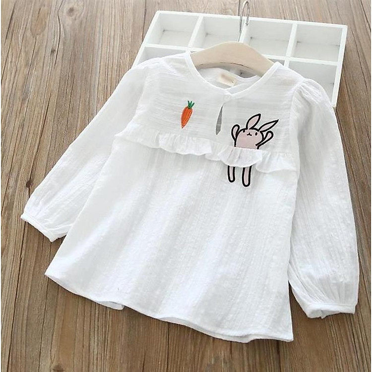 Áo sơ mi trắng thêu thỏ bé gái 3-8 tuổi