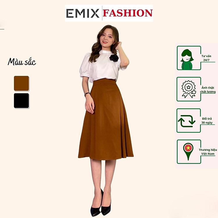 Chân váy công sở xòe xếp ly hai bên EMIX (2 màu), dáng dài, chữ A, có túi chéo, chất tuyết mưa mềm mịn