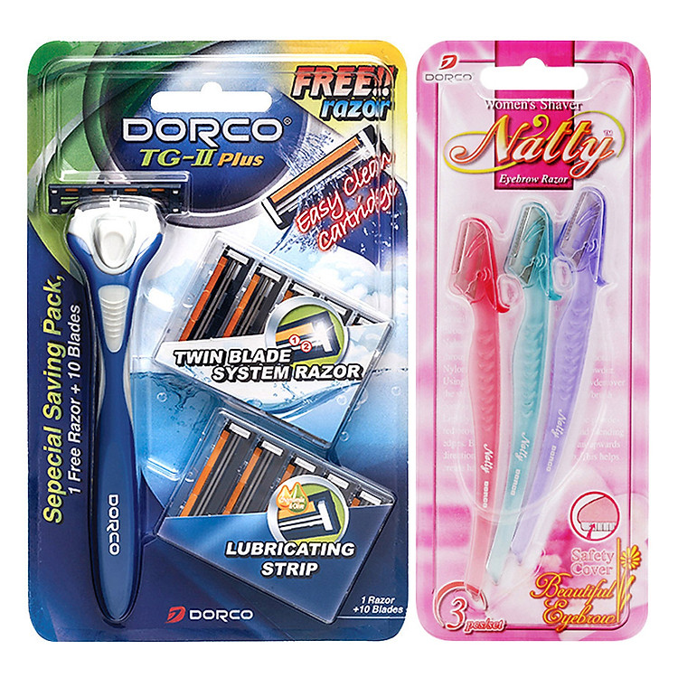Combo Vỉ 3 Dao Cạo Chân Mày Cho Nữ Dorco Natty Eyebrow + Dao Cạo 2 Lưỡi Dorco TG-II Plus System LI 0003 3B - TNA 3004 + 10 Đầu Thay Thế (Tặng 1 Khăn Tắm Dorco)