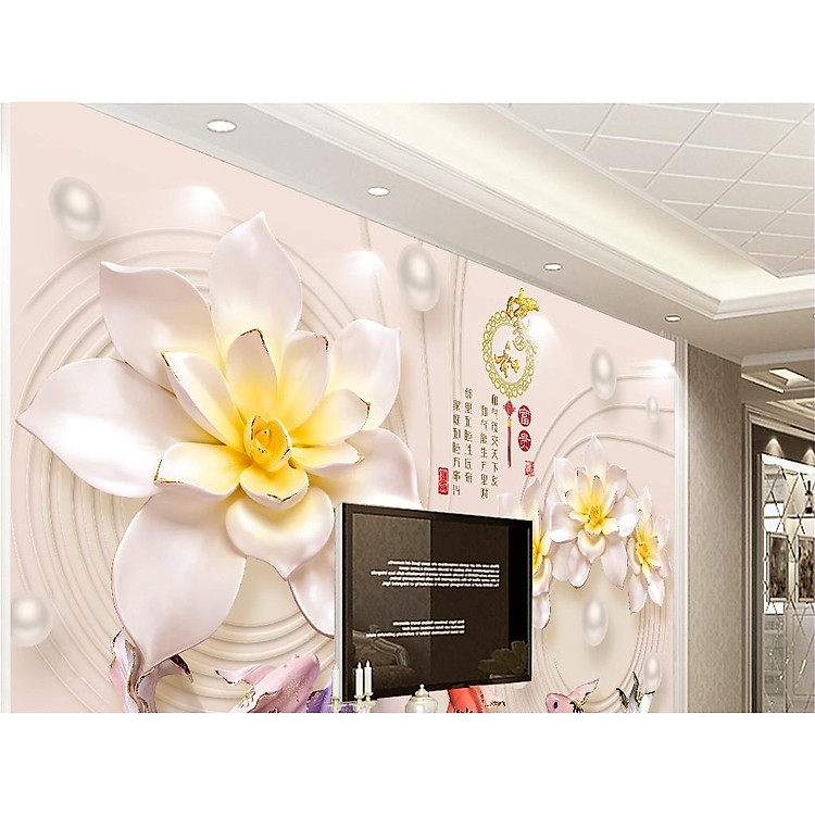 Tranh dán tường 3D hoa đá ngọc-cá trang trí phòng khách-phòng ngủ- Huyền Chi-chất liệu vải lụa (Kích thước:tuỳ chọn)