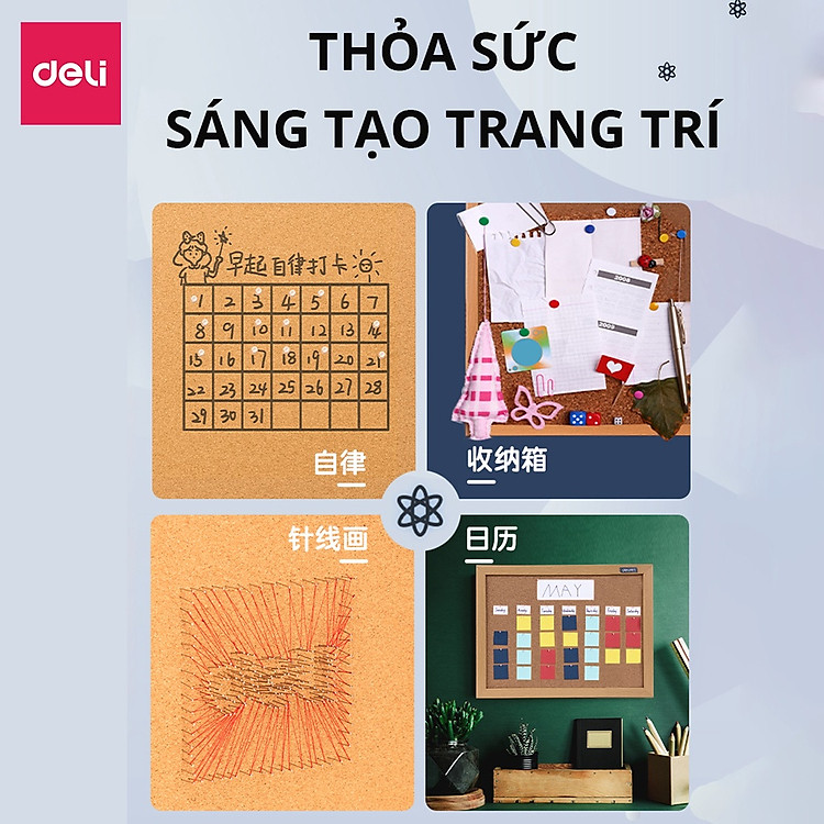 Bảng Ghim Lie Gỗ Bần Khung Gỗ Kết Hợp Bảng Từ Trắng Deli - Ảnh 5