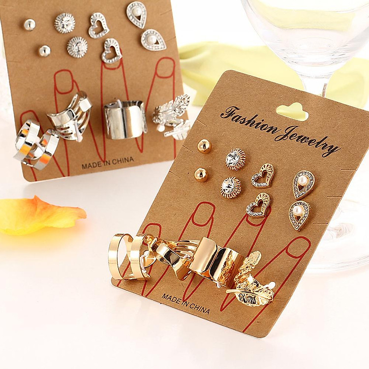 12Pcs/Set Women Earrings Fashion Joint Ring Love Heart Diamond Metal Earrings