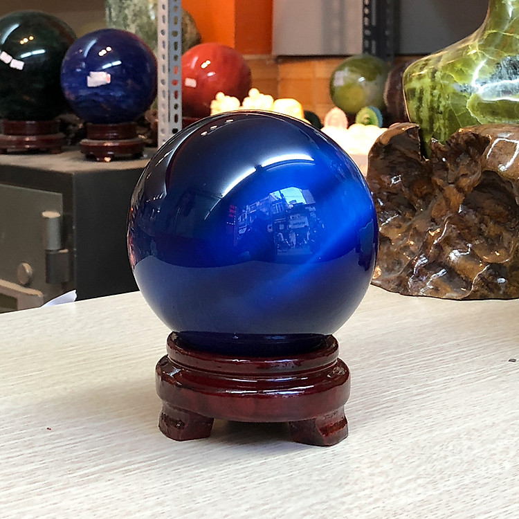 Quả Cầu Phong Thủy Pha Lê Mắt Mèo Xanh Dương