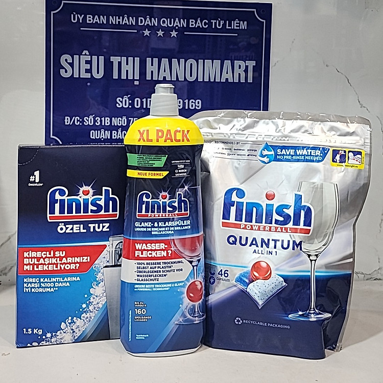 Combo Viên rửa bát Finish Quantum 40 viên + Muối Finish 1,2kg + Nước làm bóng finish 750ml