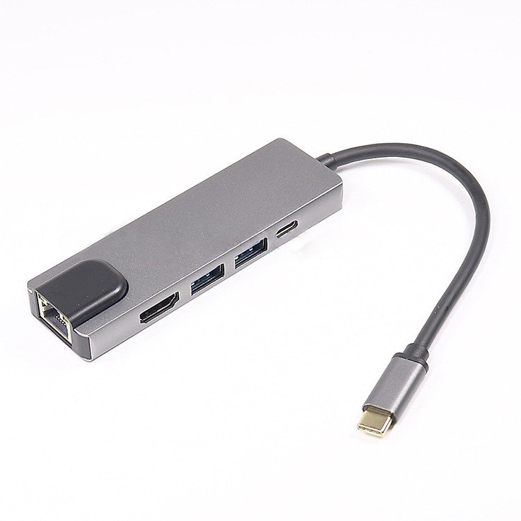 Hub đa năng Type C đến HDMI 5 trong 1 với đầu đọc thẻ đa chức năng Promax Giganit NIC RJ45 - Hàng nhập khẩu