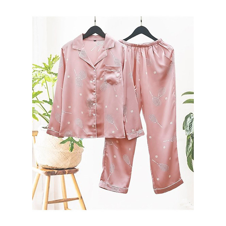 Bộ ngủ lụa thu đông cao cấp tay dài quần dài hình vợt tennis H094