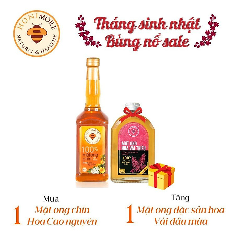 Combo Mật ong nguyên chất Honimore Hoa Cao Nguyên 630g/chai tặng 1 chai Mật ong Hoa Vải Thiều 360g - tăng cường sức đề kháng