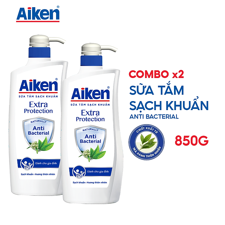 Combo 2 Sữa tắm Sạch khuẩn Aiken Chiết Xuất Trà Xanh Thiên Nhiên 850g/chai