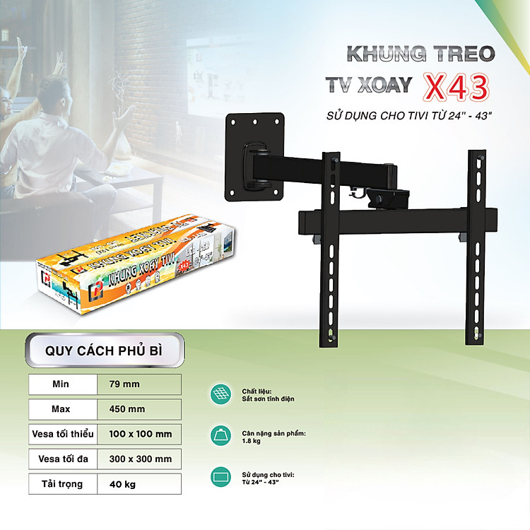 Khung treo tivi CP góc xoay, nghiêng 15 độ từ 19 - 63 inch - Hàng chính hãng