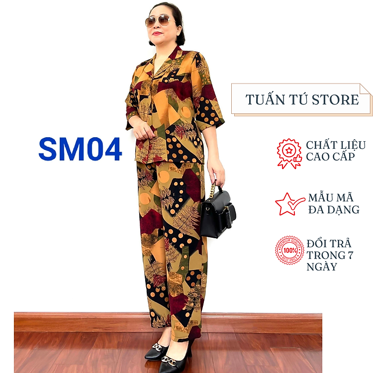 Bộ sơ mi nữ trung niên Áo có cổ và khuy cài chất liệu lụa hàn châu cao cấp mềm mát không nhăn xù khi giặt - Tuấn Tú Store 68