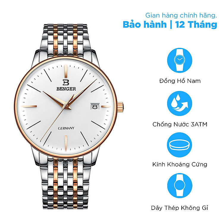 Đồng Hồ Nam BENGER GERMANY 9120 , Dây Đúc Đeo Chắc Tay , Mặt Kính Tráng Shapphre Chống Trầy Xước, Khả Năng Chống Nước Cực Tốt 3atm, Kiểu Dáng Doanh Nhân, Đẳng Cấp Phái Mạnh