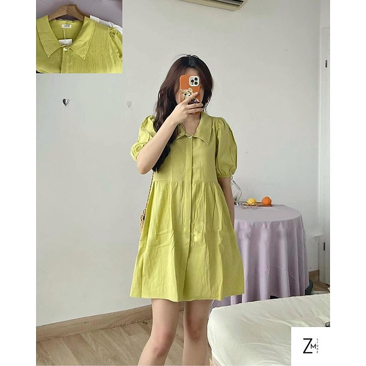 Váy Babydoll Xanh Bơ Cổ Sơ Mi Chất Đũi Hàn Dáng Xòe Form Rộng Siêu Xinh Che Khuyết Điểm ZMstore