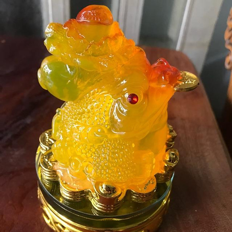 Tượng Cóc Vàng cõng bắp cải phong thủy đế xoay hay thiềm thừ cõng cải cao 16cm đk 11cm mệnh Kim Thổ Thủy trưng bàn làm việc bàn thờ Thần Tài ạ
