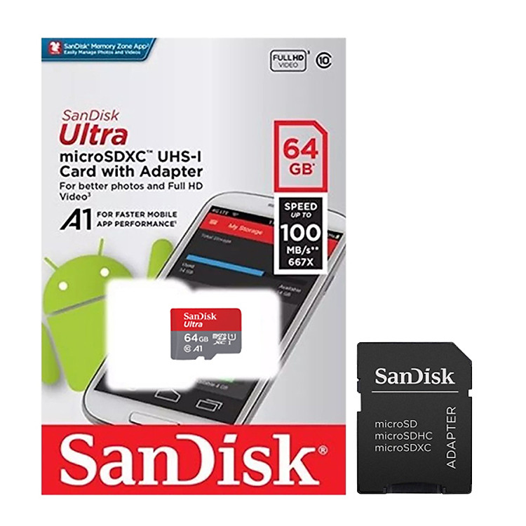 Combo Thẻ Nhớ Sandisk Micro SDXC Ultra 64GB (100MB/s) + Adapter - Hàng Nhập Khẩu