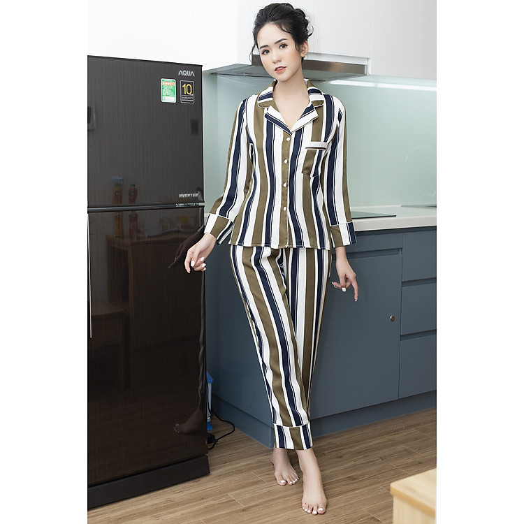 Bộ ngủ pijama lụa nhung cao cấp - Kẻ sọc