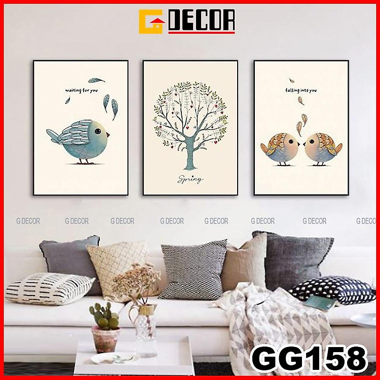 Tranh treo tường canvas 3 bức phong cách hiện đại Bắc Âu 158, tranh chim trang trí phòng khách, phòng ngủ, phòng ăn spa