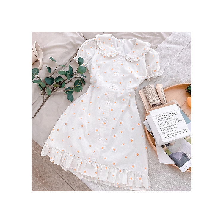Đầm Xoè Hoa Cúc Nổi Cổ Bèo Dễ Thương