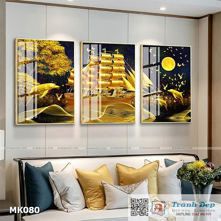 Bộ 3 tranh mica cao cấp Cá heo, thuyền và biển - MK080