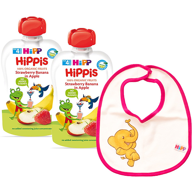 Combo 2 Trái Cây Nghiền Hữu Cơ HiPPiS Organic Dâu tây, Chuối, Táo - 8521 (100g) Tặng Kèm 1 Yếm Ăn Dặm HiPP