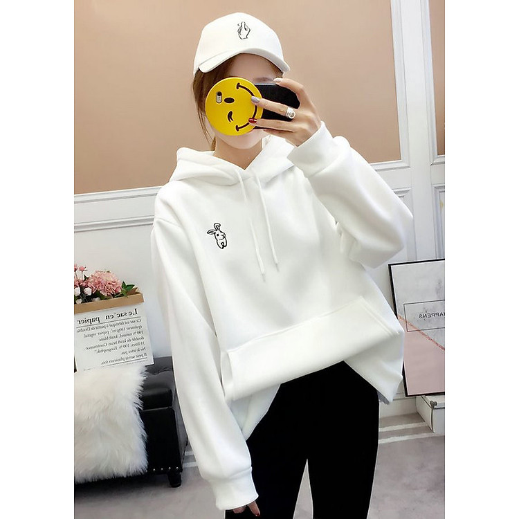 Áo Khoác Hoodie Nỉ Nữ Tai Dài Form Rộng Phong Cách Quảng Châu