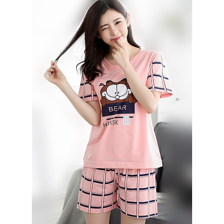 Đồ bộ mặc nhà nữ kẻ sọc phối hình chú mèo đáng yêu-117 Hồng