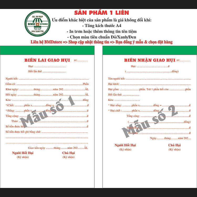 Biên lai giao hụi 1 liên-Block 10 quyển-chọn mẫu in tên