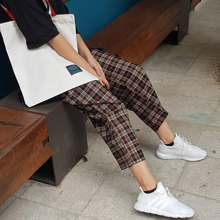 Quần kẻ nữ sọc caro, ống rộng, cạp cao, chất đẹp, cạp chun thoải mái freesize <56kg, Quần ống suông sành điệu