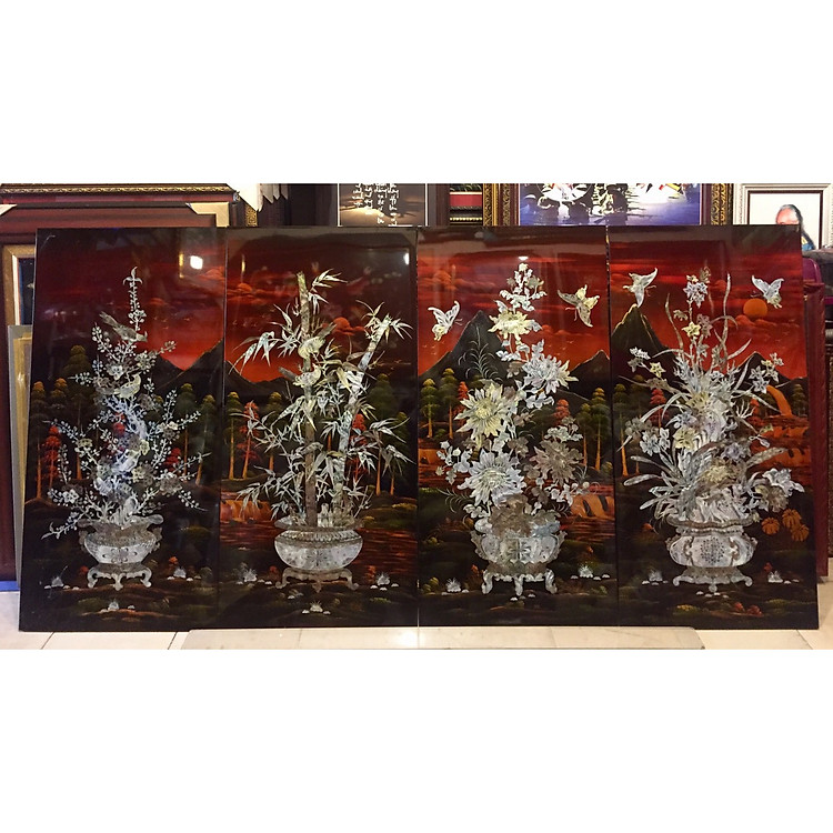 Tranh sơn mài khảm trai Mai Lan Cúc Trúc ( bộ chậu khảm chìm SM005 )